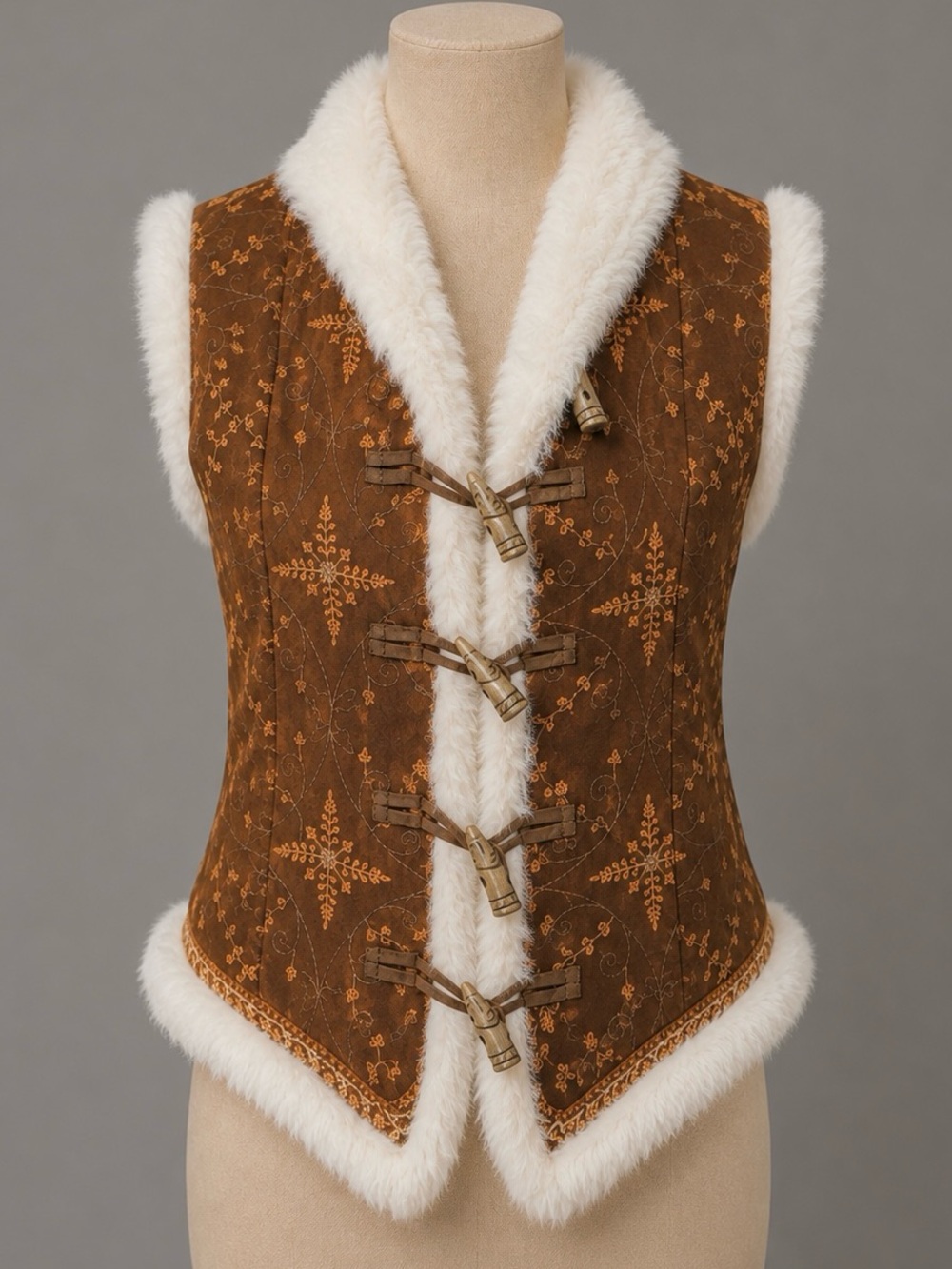 BoHo CHIC Faux Fur Tooth Toggle accent Floral Brown Cream Layering Vest Jacket S